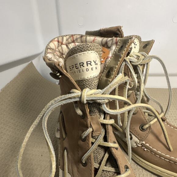 Sperry Top Sider Plaid Lined Lace-Up Mid-Calf Brown Leather Bootie Women - Picture 3 of 5